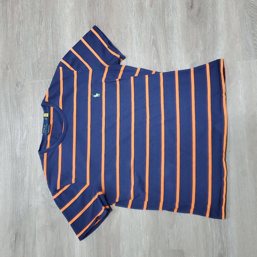 Polo by Ralph Lauren Navy Blue & Orange Striped Crew Neck Tee
